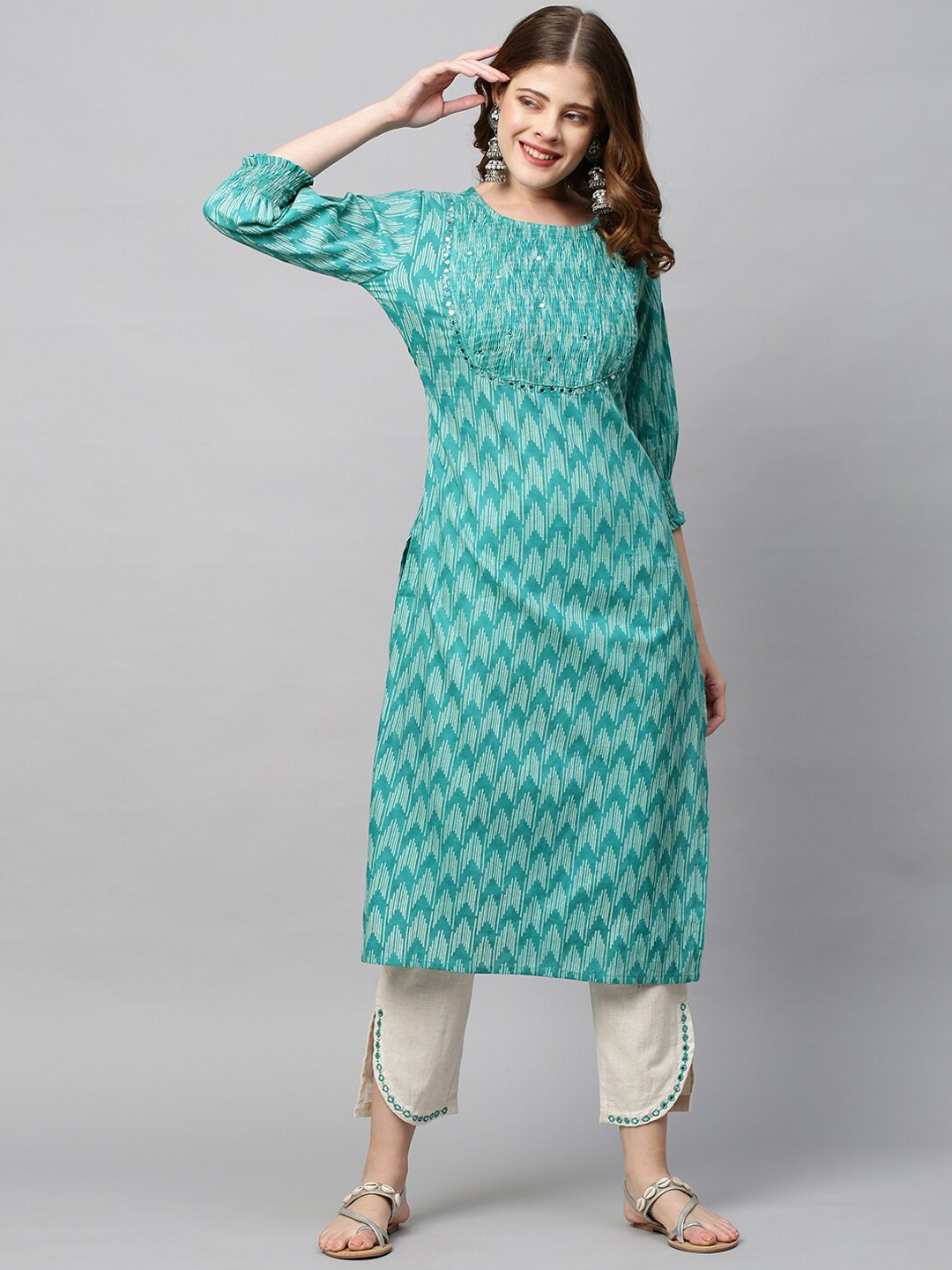 

FASHOR Women Turquoise Blue Off White Printed Mirror Work Pure Cotton Kurta with Trouser