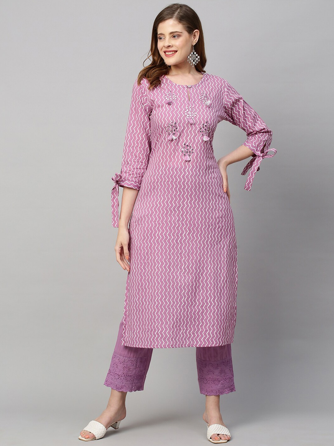 

FASHOR Women Purple Ethnic Motifs Embroidered Mirror Work Pure Cotton Kurta with Trousers