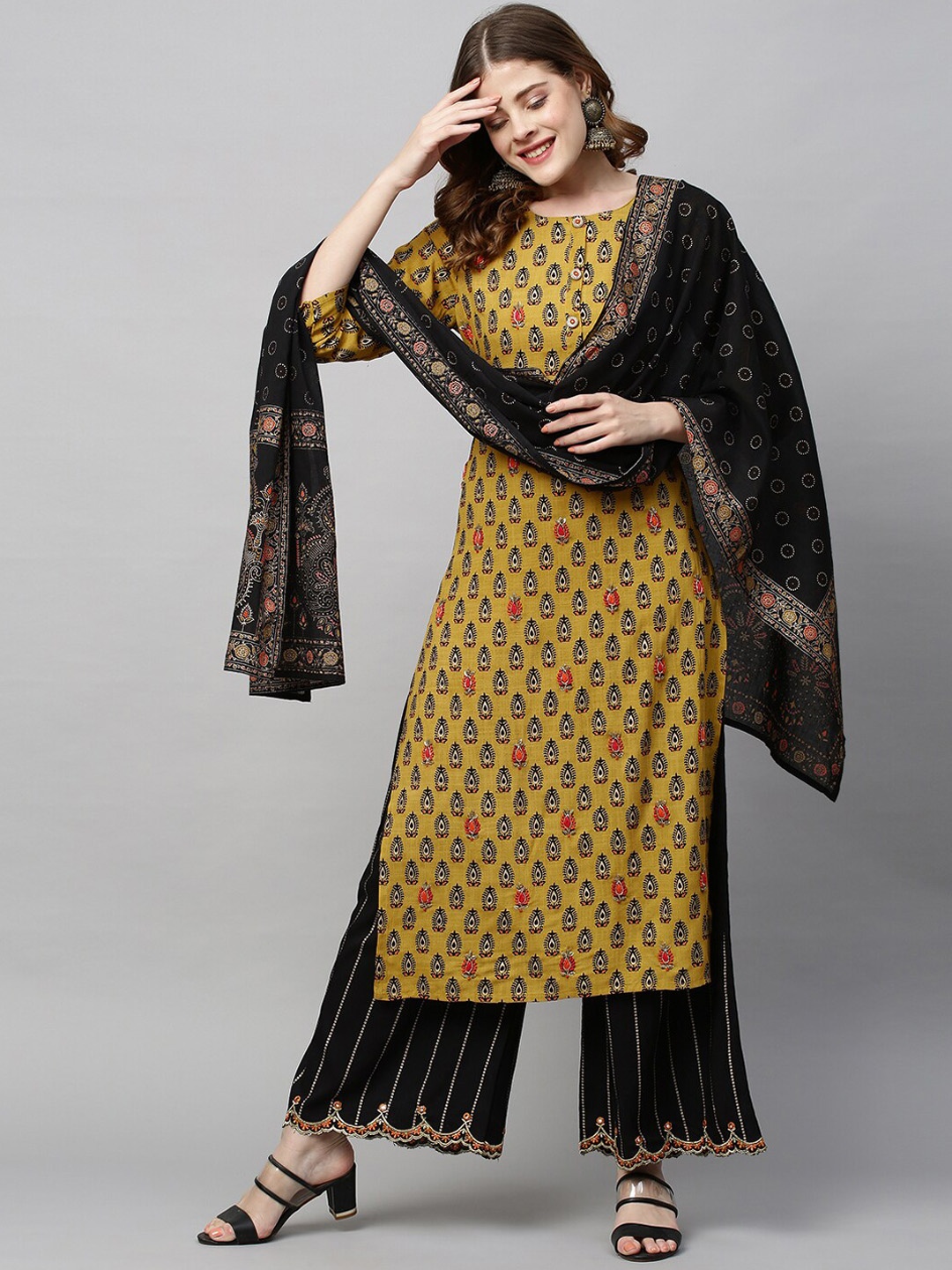

FASHOR Women Mustard Yellow Ethnic Motifs Printed Sequinned Kurta with Sharara & With Dupatta
