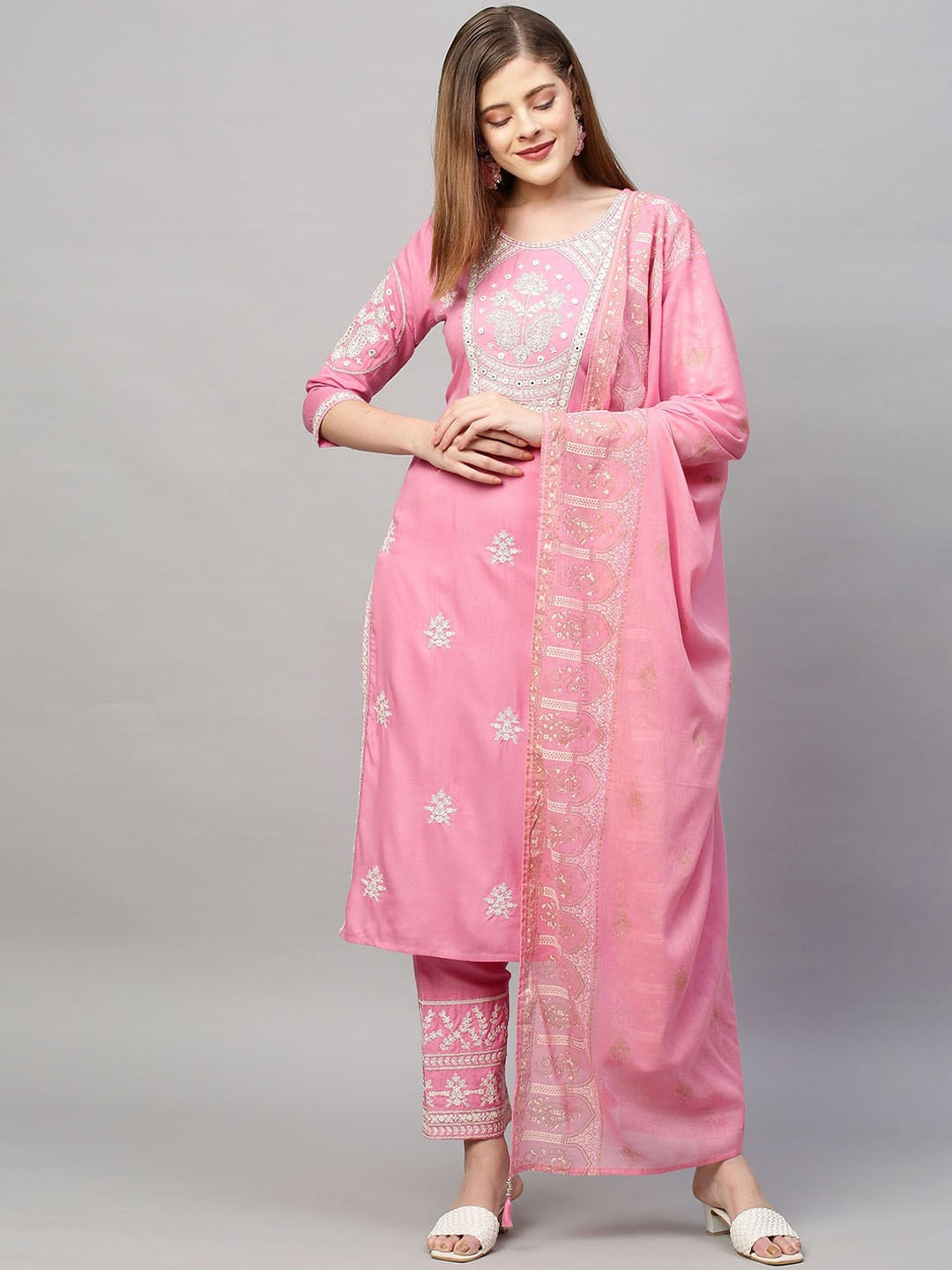 

FASHOR Women Pink Floral Embroidered Kurti with Trousers & With Dupatta