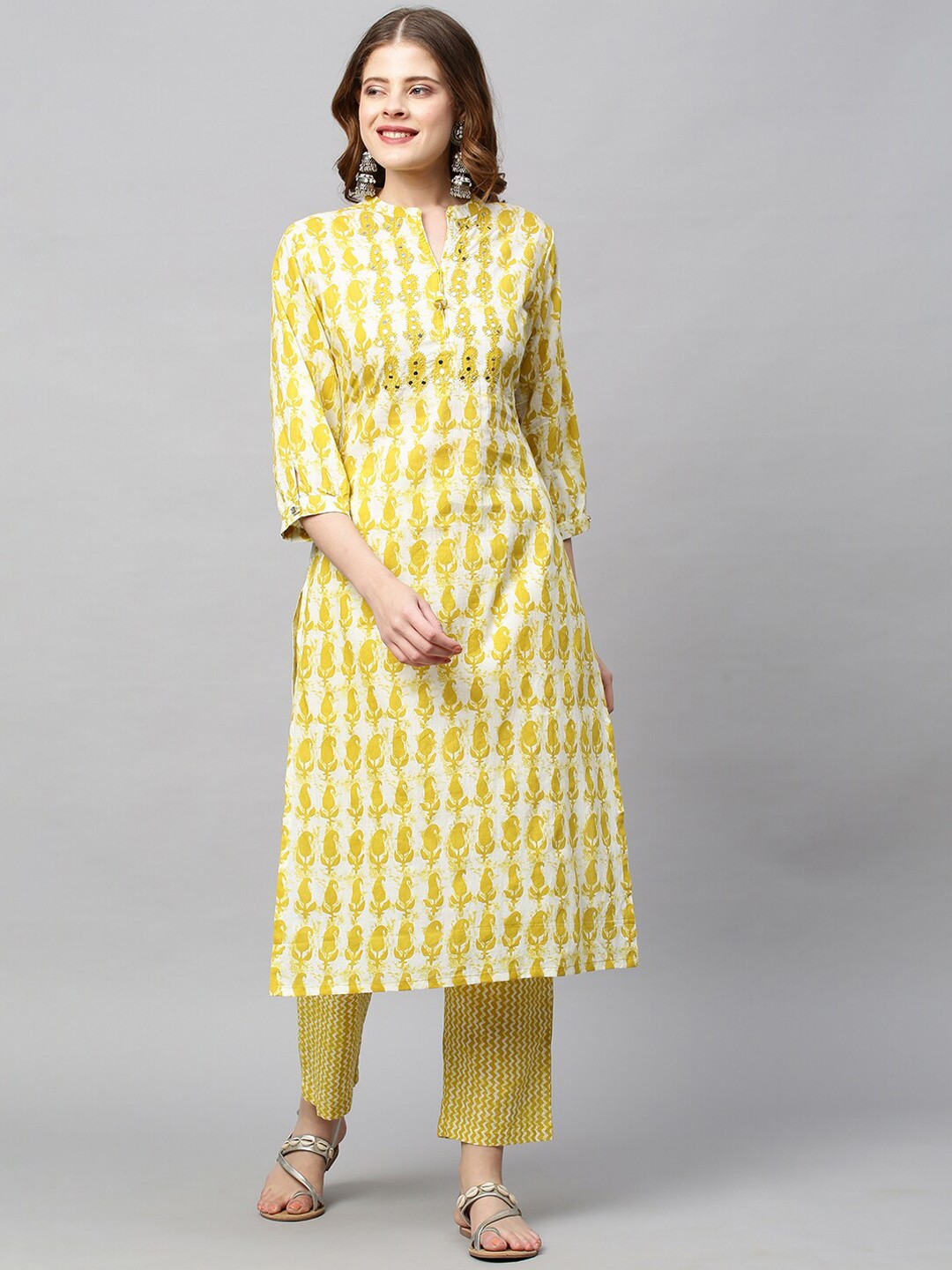 

FASHOR Women Yellow Floral Printed Mirror Work Pure Cotton Kurta with Trousers