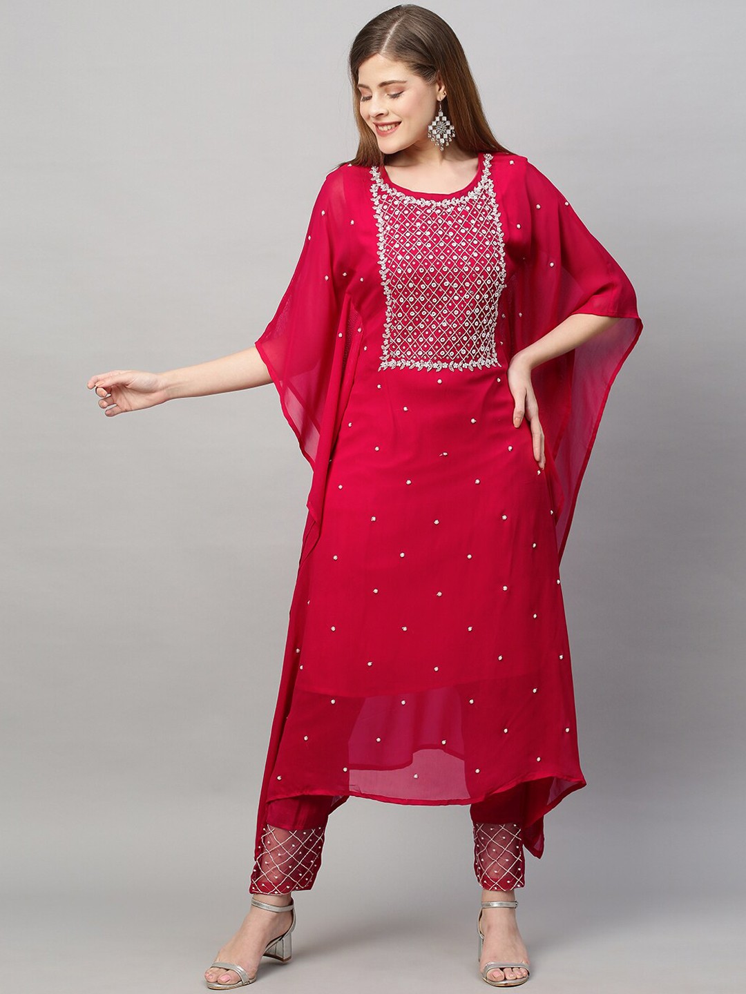 

FASHOR Women Pink Embroidered Beads and Stones Kurta with Trousers
