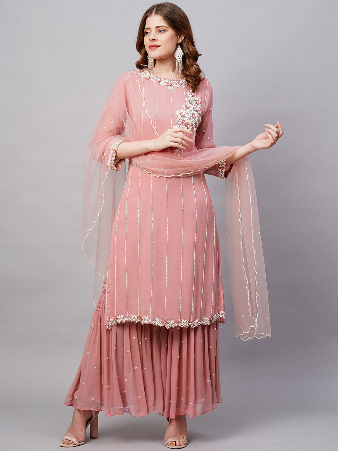 

FASHOR Women Peach-Coloured Ethnic Motifs Embroidered Sequinned Kurta with Palazzos & With Dupatta