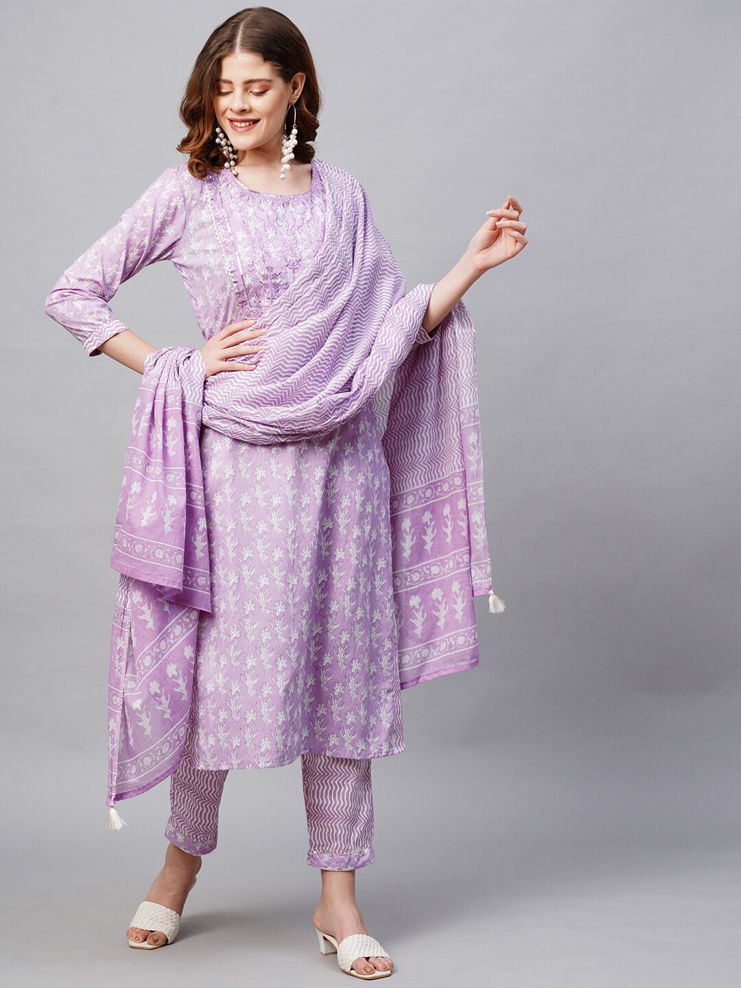 

FASHOR Women Purple Ethnic Motifs Printed Pure Cotton Kurta Set