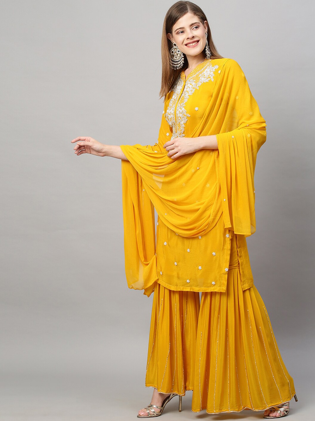 

FASHOR Women Yellow Floral Hand Embroidered Kurta with Sharara & Dupatta