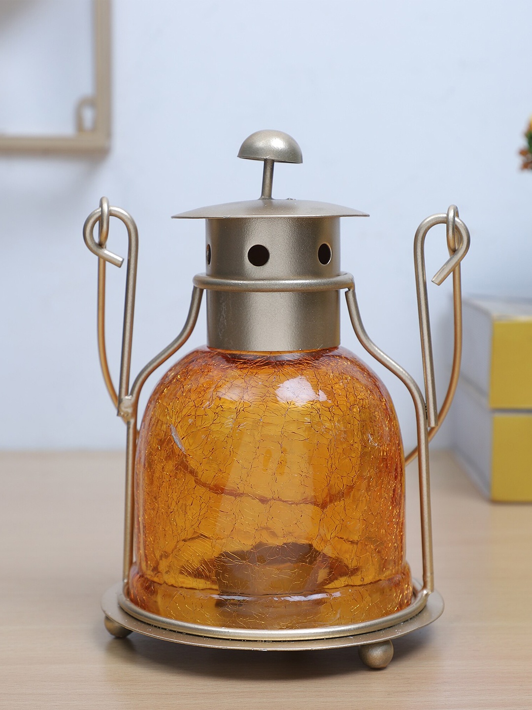 

HomeTown Mustard-Yellow Textured Dazzle Glass Lantern Candle Holder