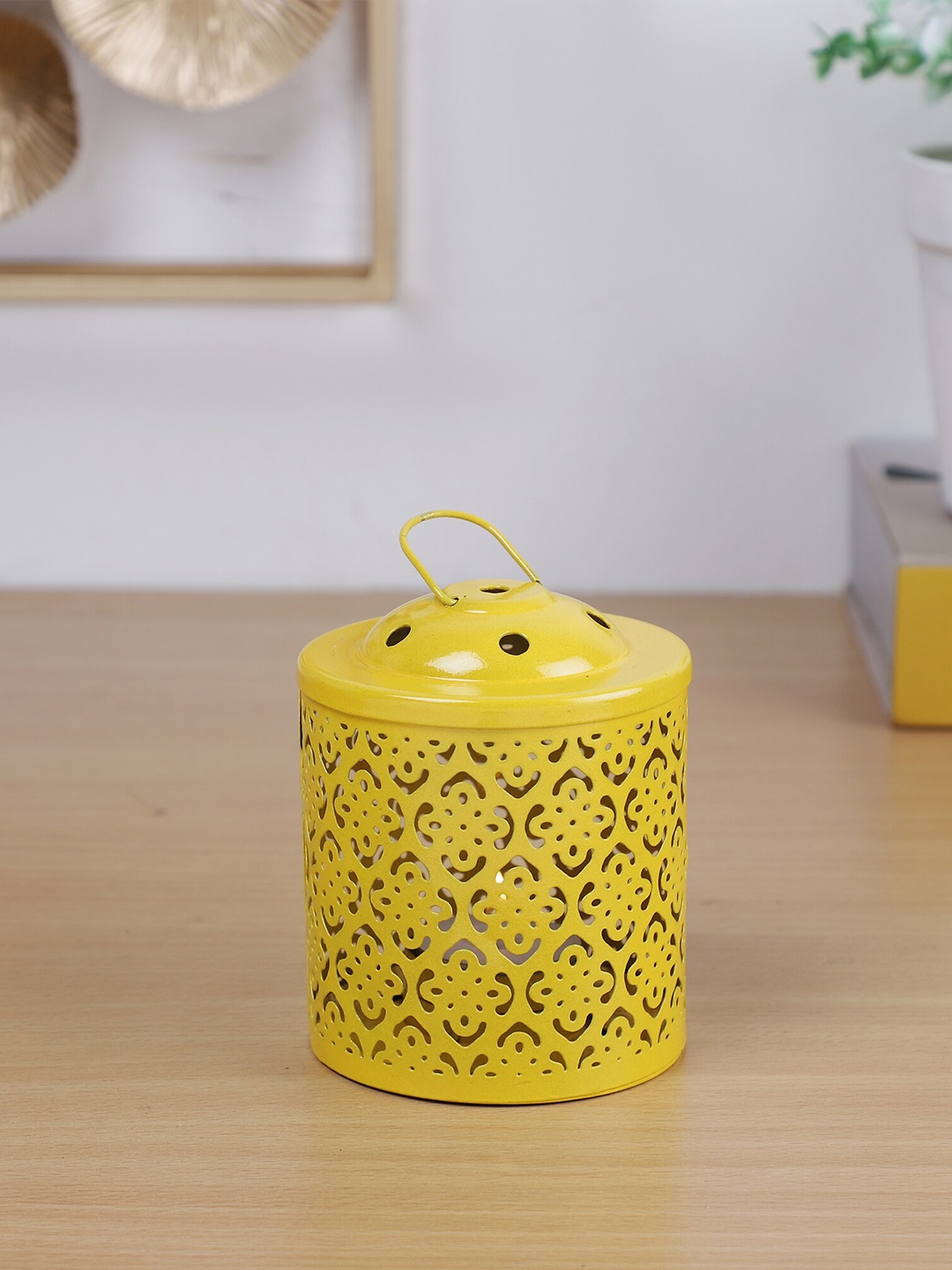 

HomeTown Mustard Patterned Metal Lantern
