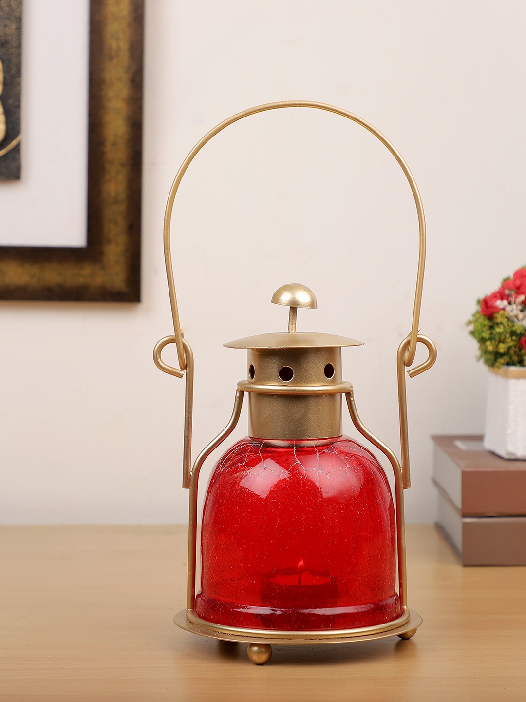 

HomeTown Gold Toned & Red Textured Dazzle Lantern Candle Holders