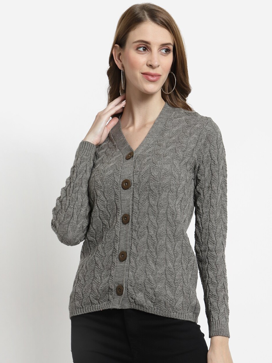 

Kalt Women Grey Melange Cable Knit Cardigan