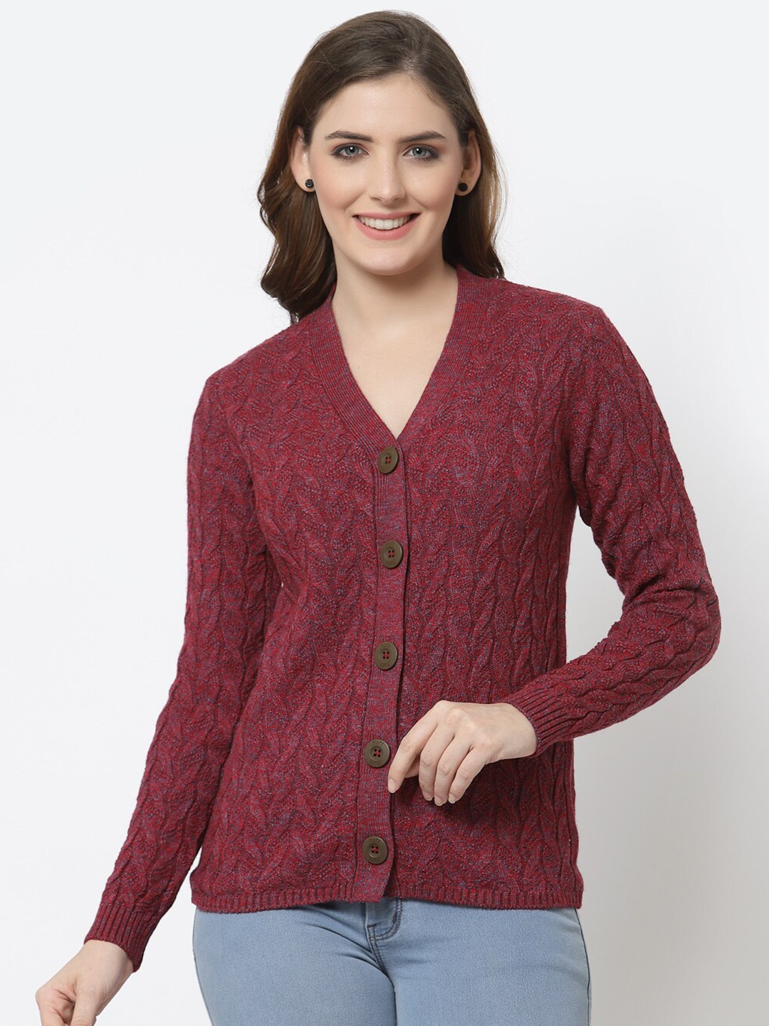 

Kalt Women Red Cable Knit Front Open Cardigan