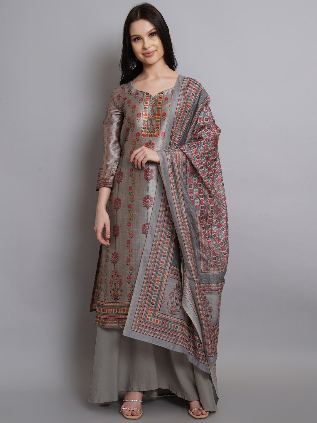 

Stylee LIFESTYLE Grey & Red Embellished Unstitched Dress Material