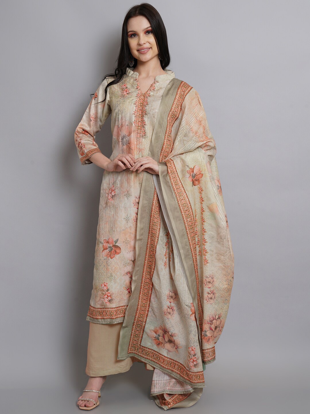 

Stylee LIFESTYLE Green & Orange Printed Satin Unstitched Dress Material