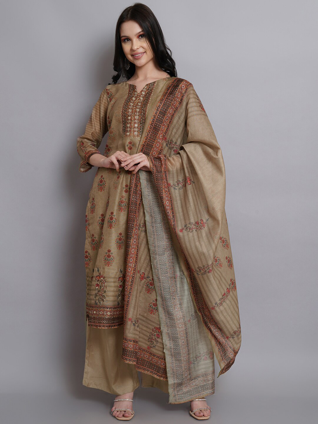 

Stylee LIFESTYLE Beige & Green Embellished Unstitched Dress Material