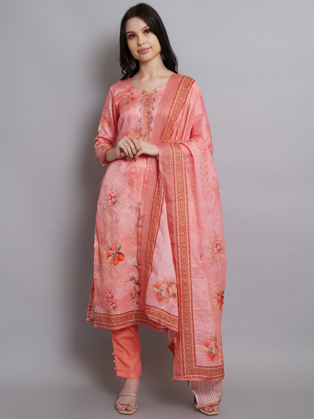 

Stylee LIFESTYLE Women Pink Printed and Sequined Satin Unstitched Dress Material