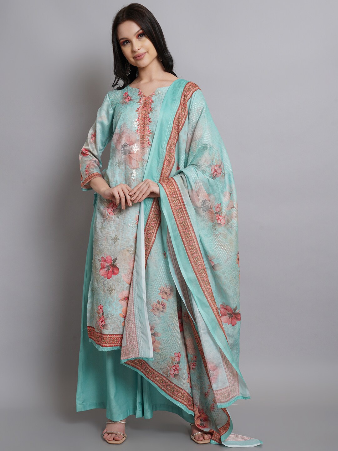 

Stylee LIFESTYLE Green & Pink Satin Unstitched Dress Material