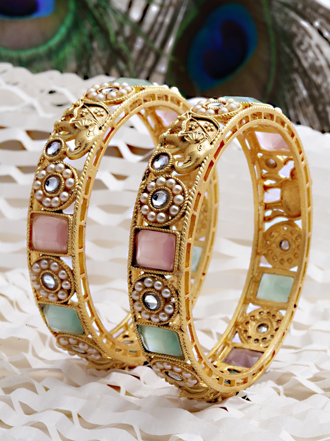 

KARATCART Set Of 2 Gold-Plated Green & Pink Kundan-Studded Rajwadi Temple Bangles