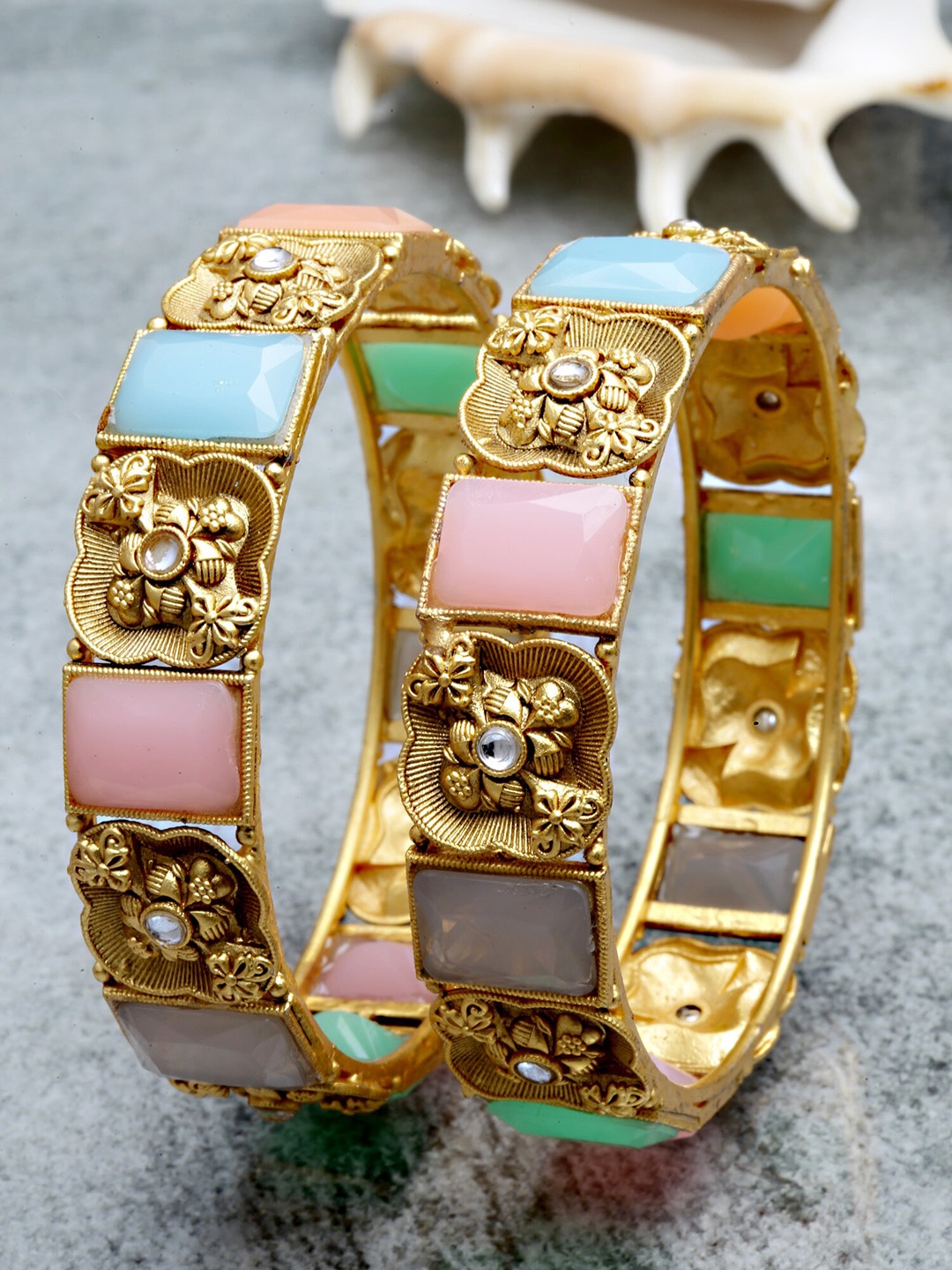 

KARATCART Gold-Plated Pink & Blue Kundan-Studded Handcrafted Bangles