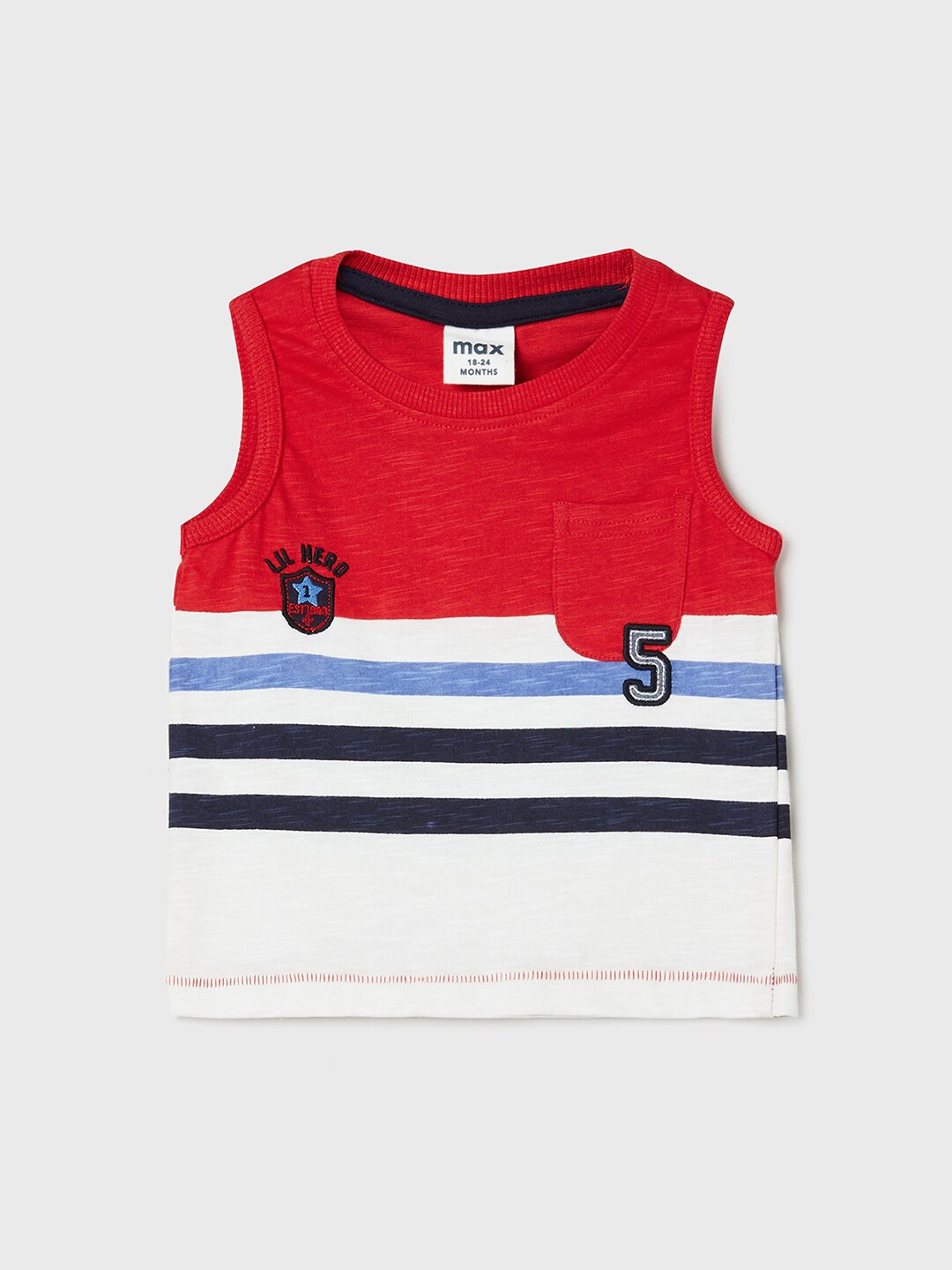 

max Boys Red & White Striped Pure Cotton T-shirt