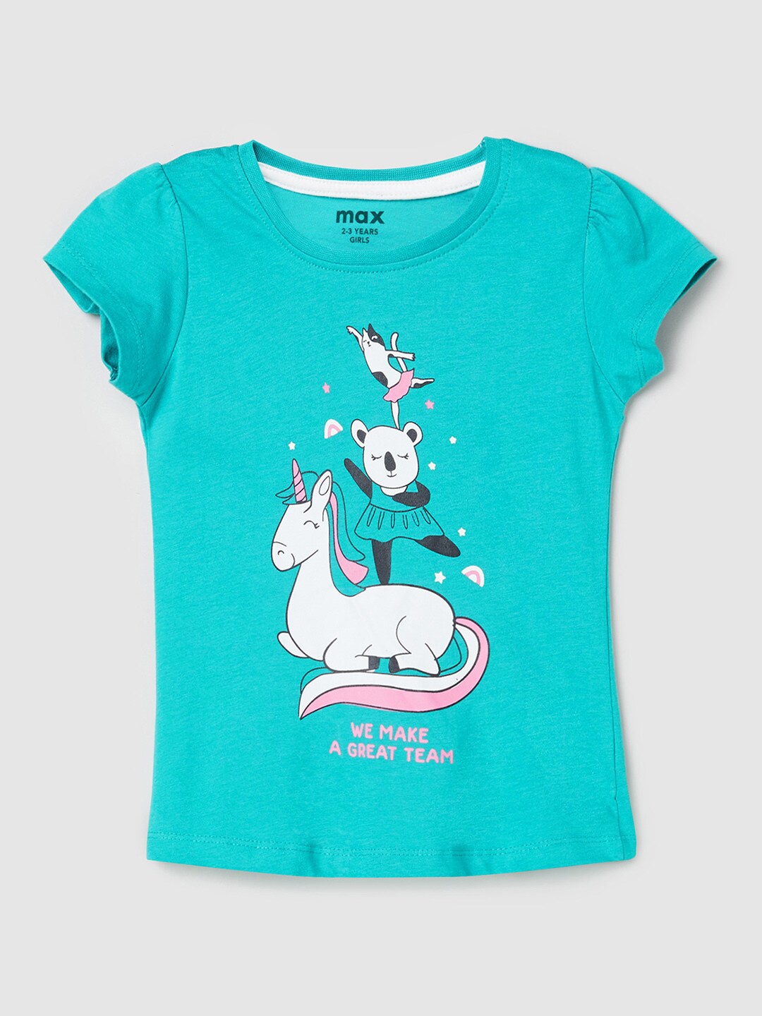 

max Kids Girls Green Printed Unicorn Pure Cotton Applique T-shirt