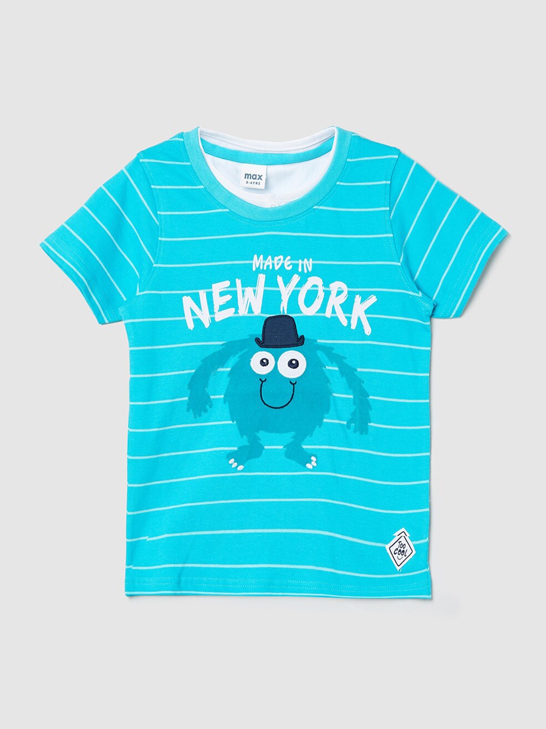 

max Kids Boys Blue Typography Striped Pure Cotton Applique T-shirt