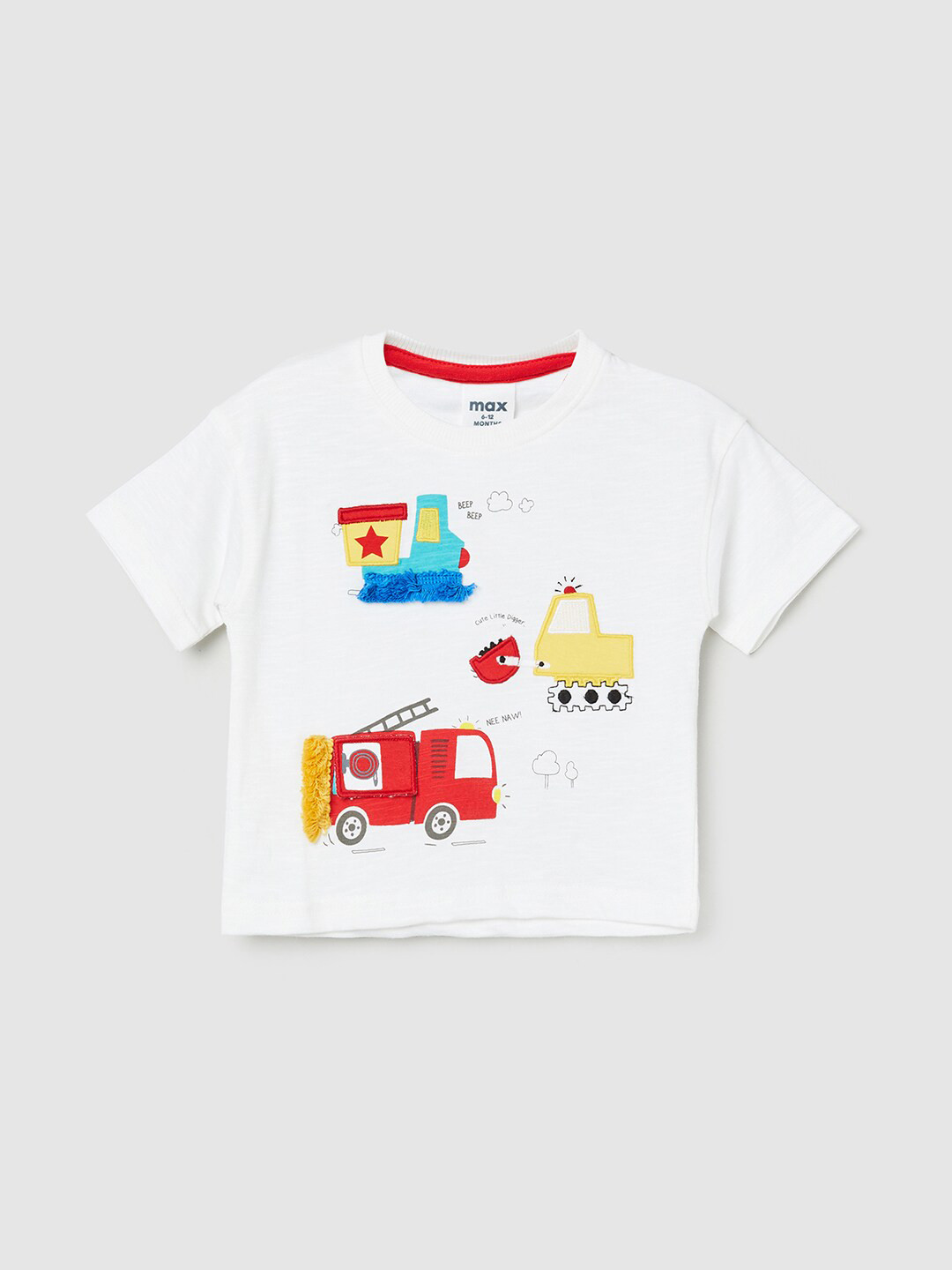 

max Kids Boys White Printed Pure Cotton Applique T-shirt