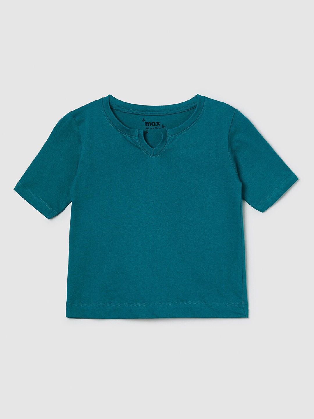 

max Girls Green V-Neck Pure Cotton Raw Edge T-shirt