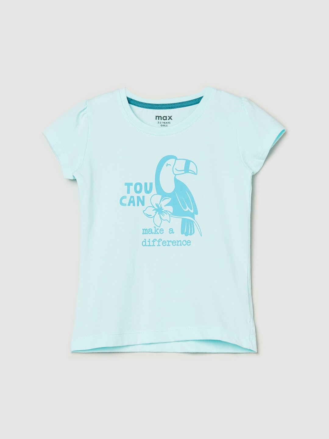

max Girls Blue Printed Puff Sleeves Pure Cotton T-shirt