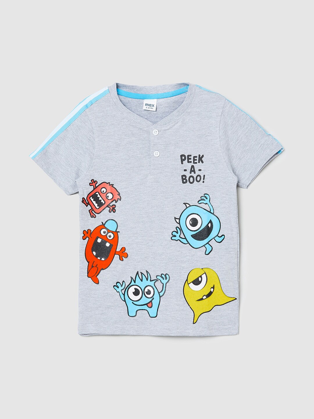 

max Kids Boys Grey Typography Printed Mandarin Collar Pure Cotton Applique T-shirt