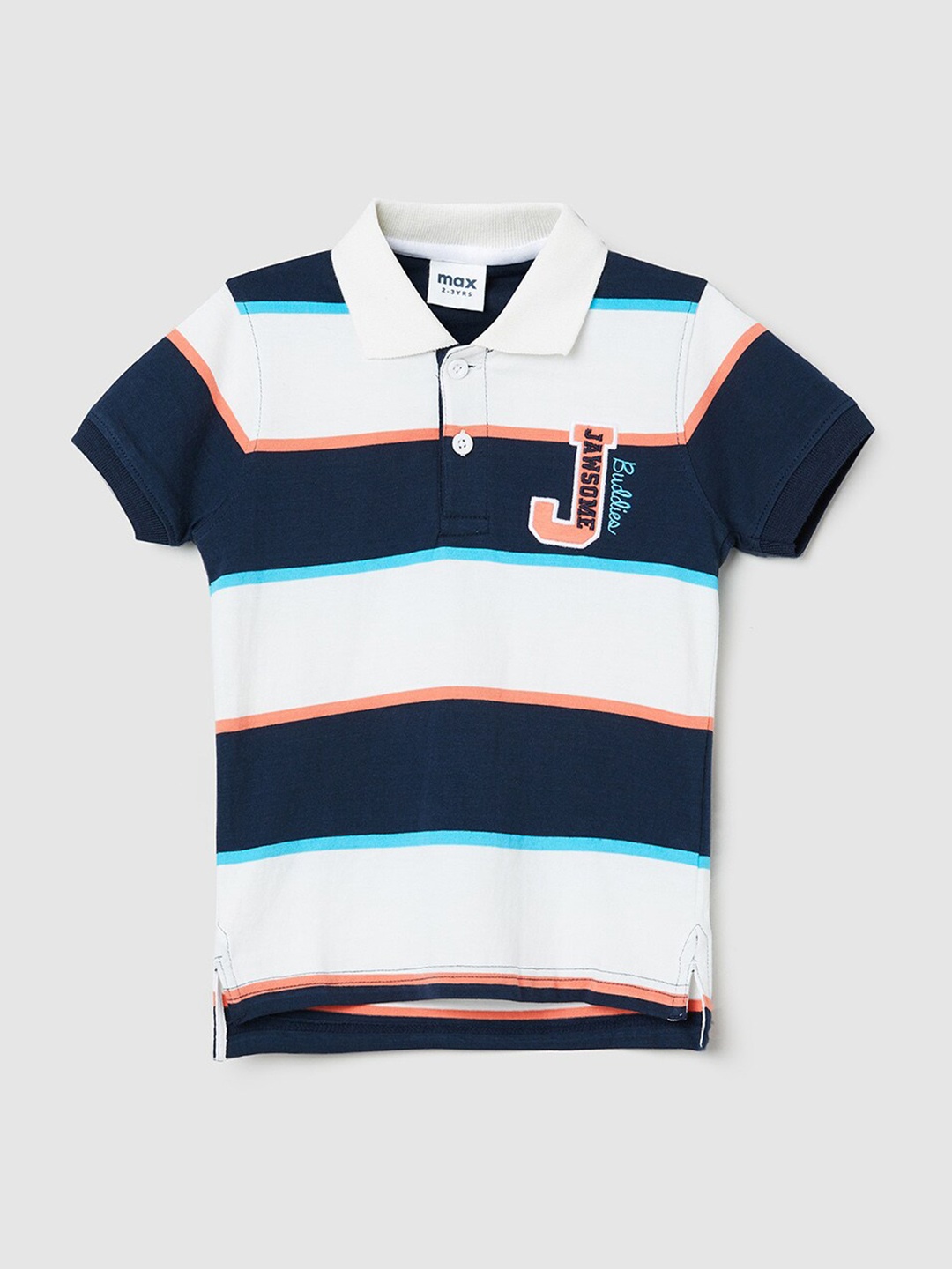 

max Boys White & Navy Blue Striped Polo Collar Pure Cotton T-shirt