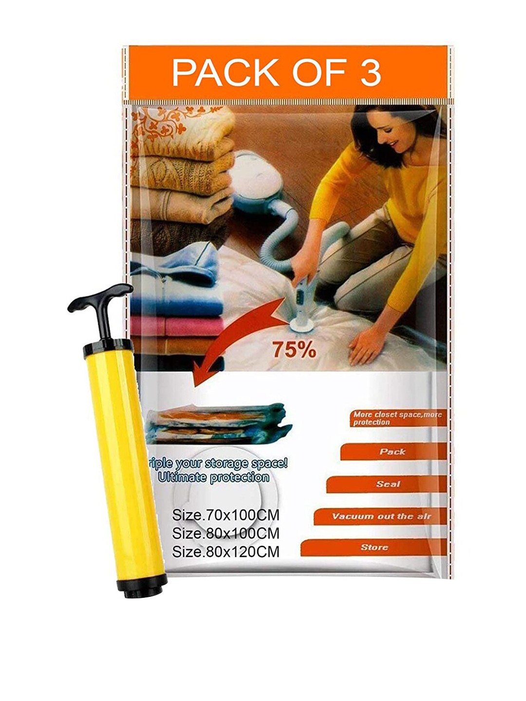

HOUSE OF QUIRK Set Of 3 Transparent Solid Space Saver Clothes Storage Travel Reusable Bag With Hand Pump