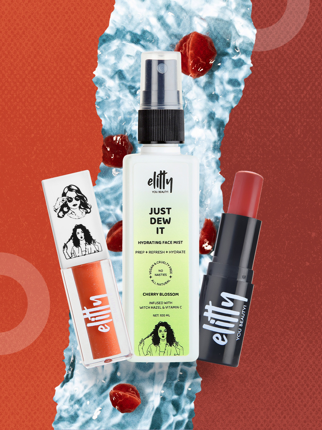 

Elitty No Nudes Combo - Spray-Cherry Blossom + Lip gloss-Pretty Woke + Tint-Yummy, Nude