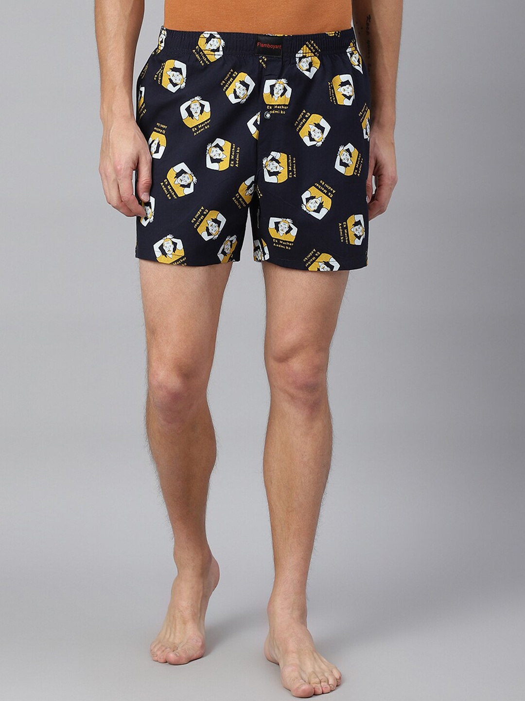 

FLAMBOYANT Men Navy Blue & Yellow Printed Pure Cotton Boxers