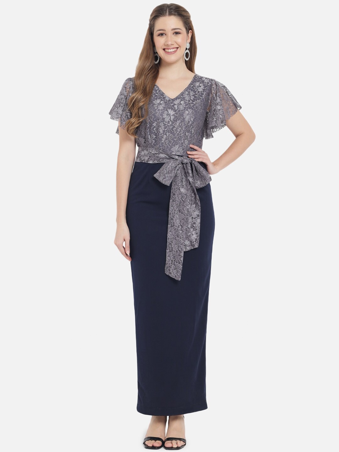 

Just Wow Women Grey Lace Maxi Belted Dress