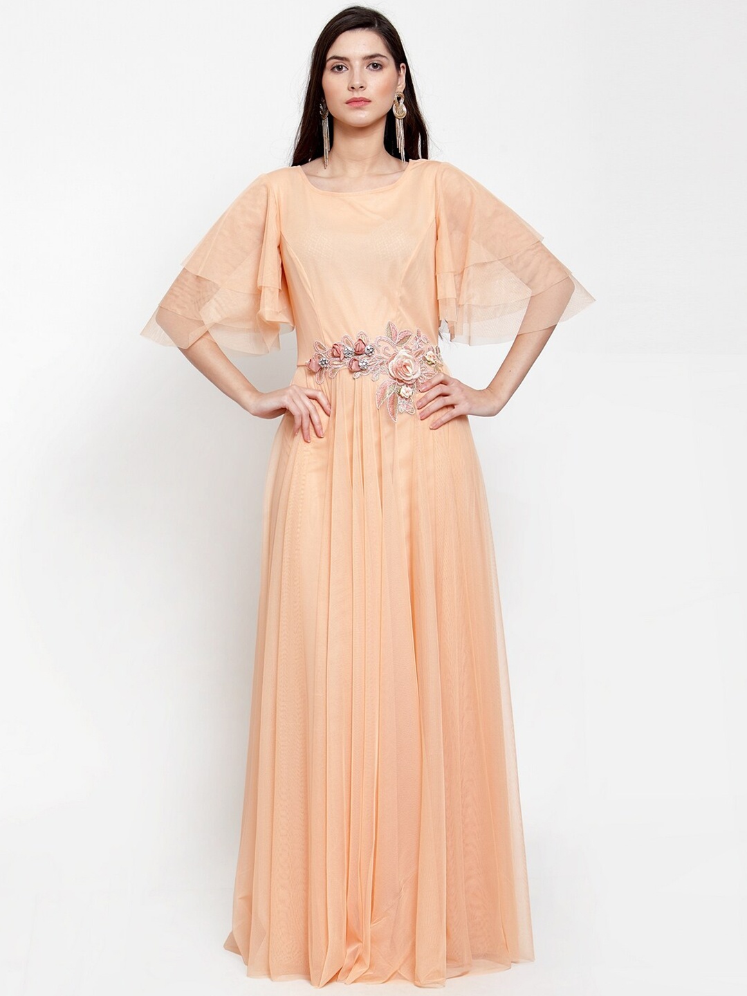 

Just Wow Peach-Coloured Embellished Net Maxi Dress