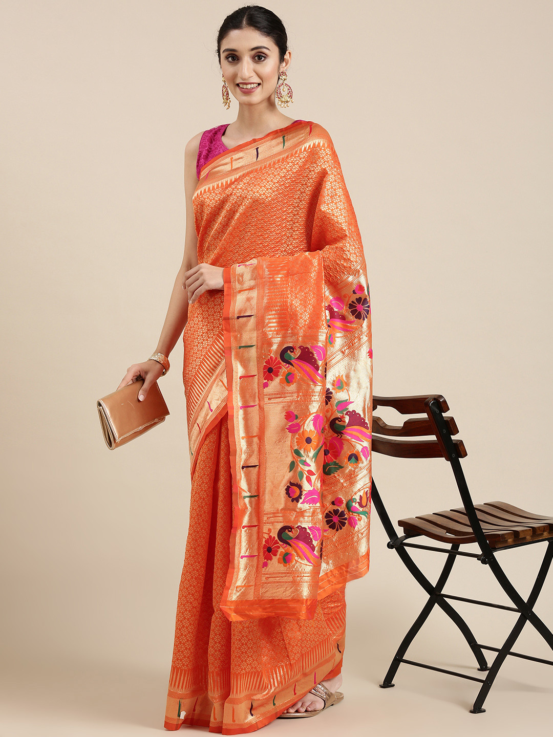 

PERFECTBLUE Orange & Golden Ethnic Motifs Woven Design Saree