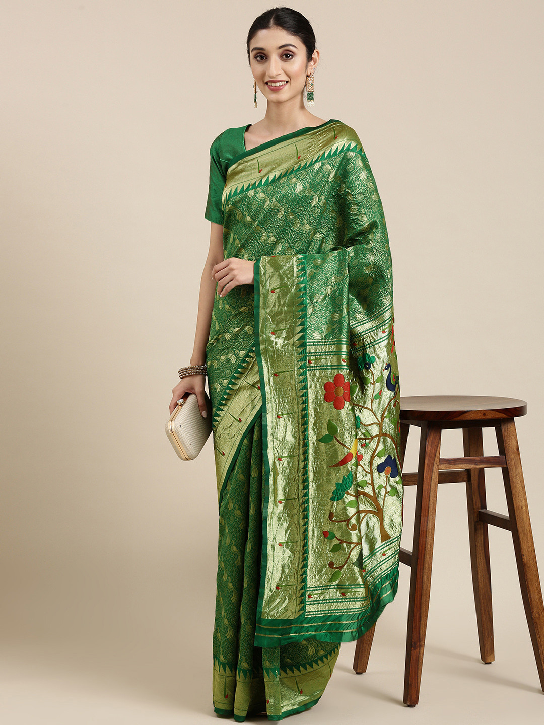 

PERFECTBLUE Green & Golden Ethnic Motifs Woven Design Saree