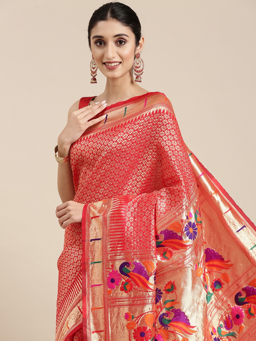 

PERFECTBLUE Red & Golden Ethnic Motifs Woven Design Saree