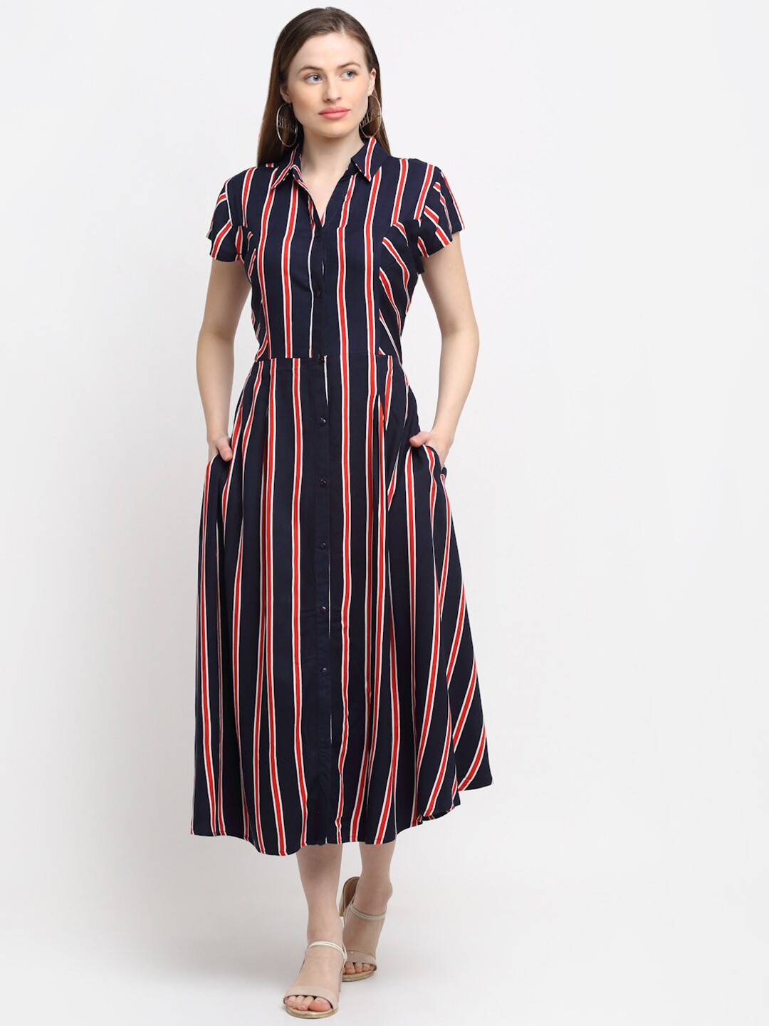 

SiaVira Navy Blue Striped Shirt Midi Dress