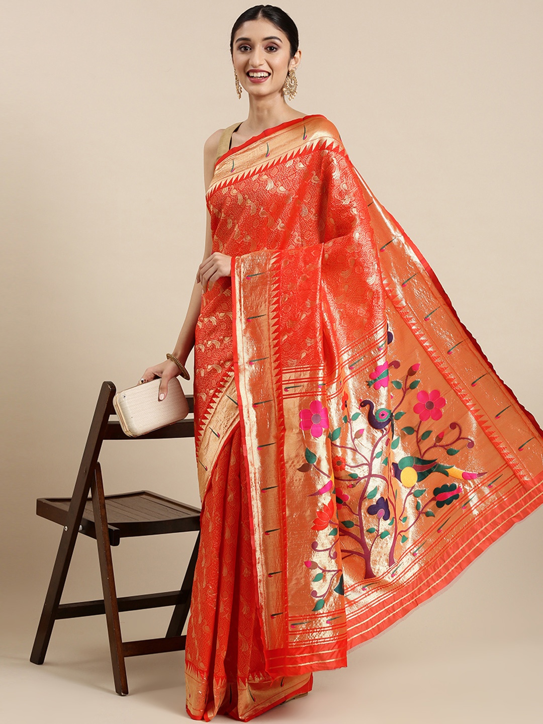 

PERFECTBLUE Red & Golden Woven Design Saree