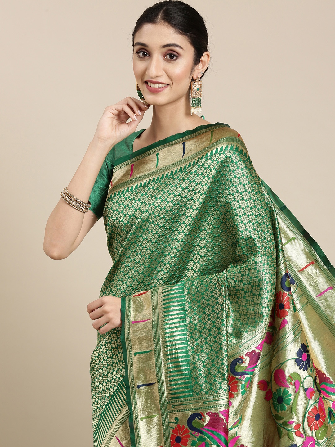 

PERFECTBLUE Green & Golden Woven Design Saree