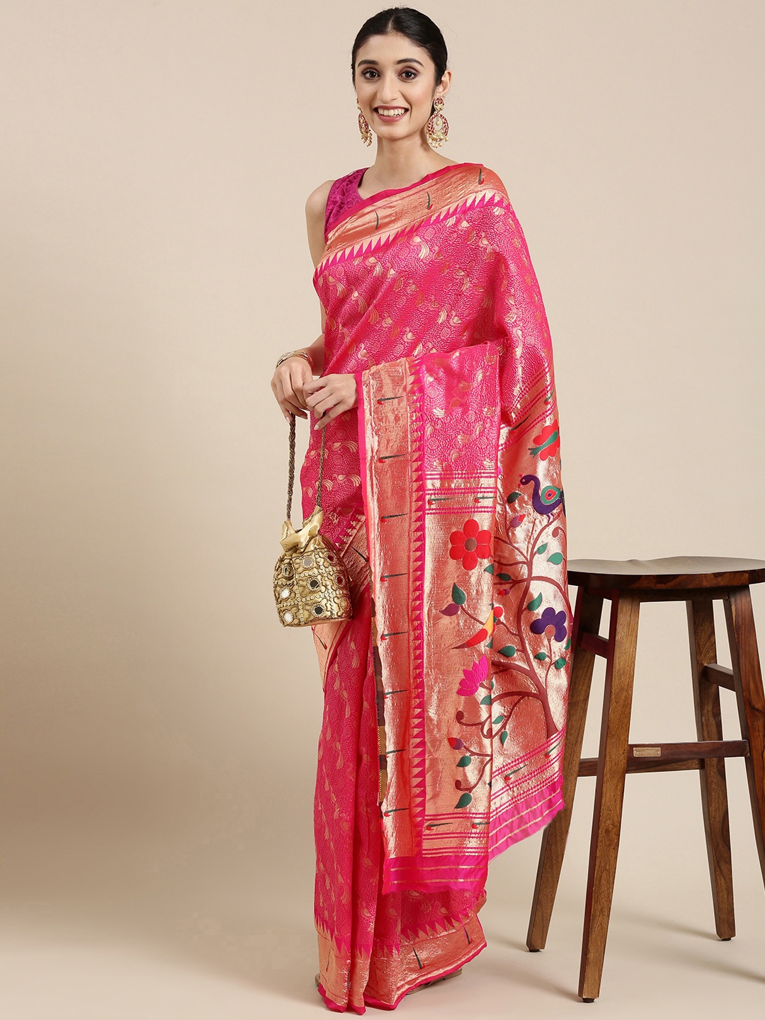

PERFECTBLUE Pink & Golden Ethnic Motifs Woven Design Saree