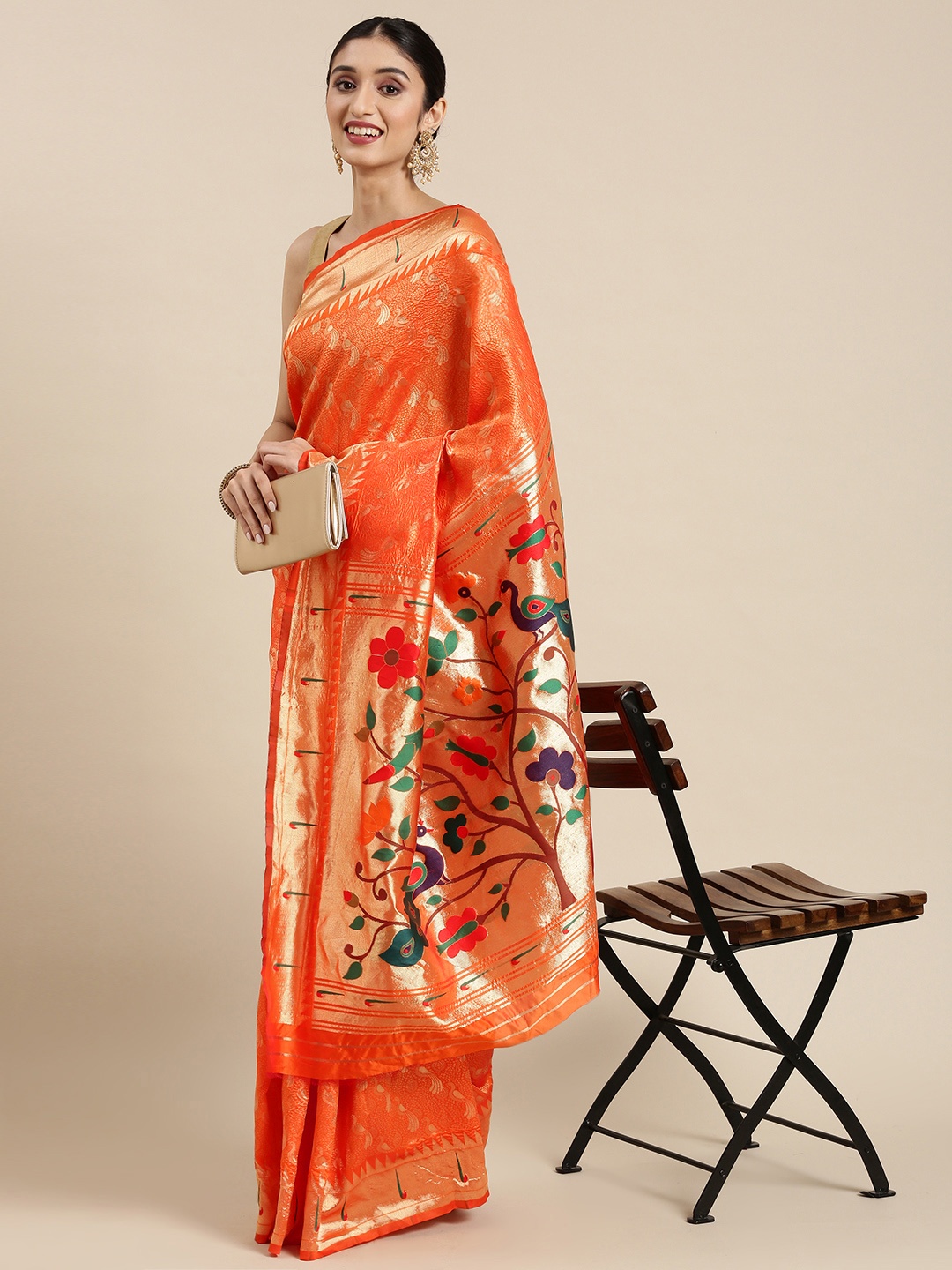 

PERFECTBLUE Orange & Golden Woven Design Saree