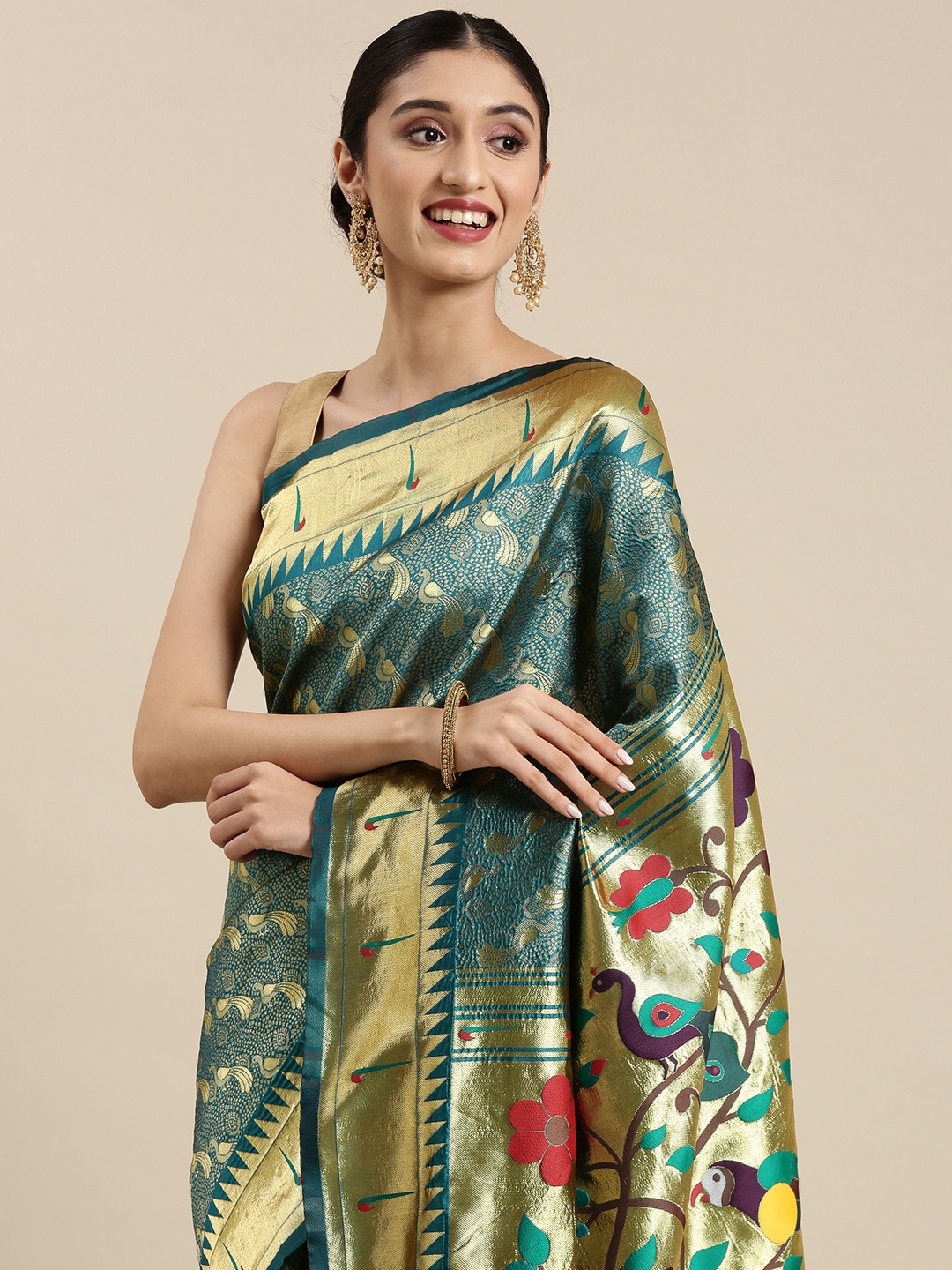 

PERFECTBLUE Teal Green & Golden Ethnic Motifs Woven Design Saree
