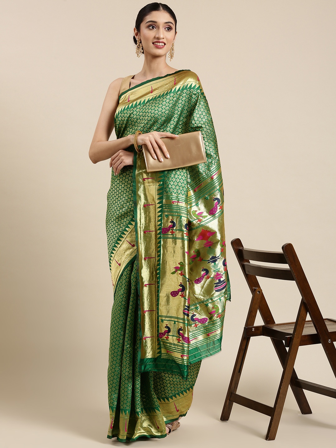 

PERFECTBLUE Green & Golden Ethnic Motifs Woven Design Saree