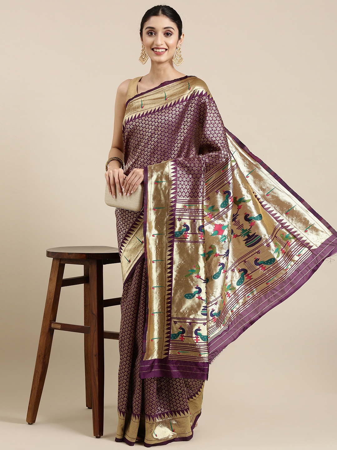 

PERFECTBLUE Maroon & Golden Ethnic Motifs Woven Design Saree