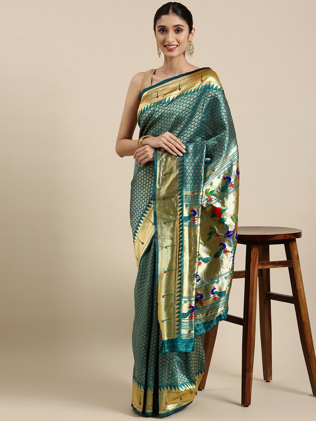 

PERFECTBLUE Teal Green & Golden Ethnic Motifs Woven Design Saree