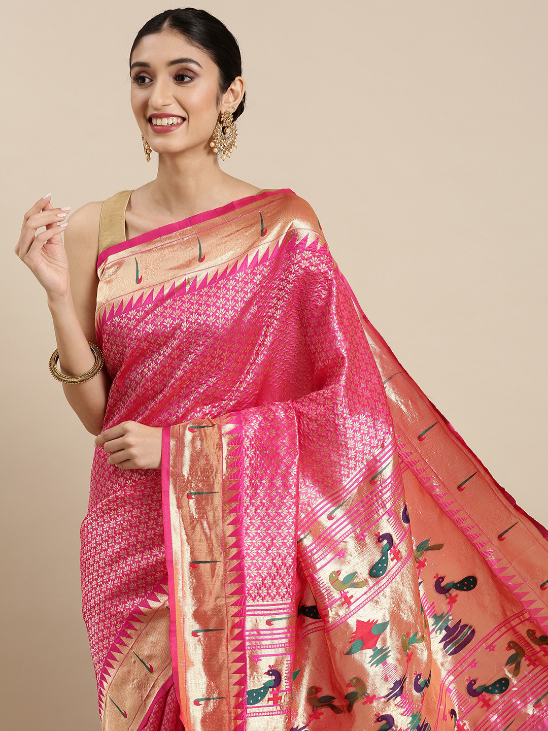

PERFECTBLUE Pink & Golden Ethnic Motifs Woven Design Saree