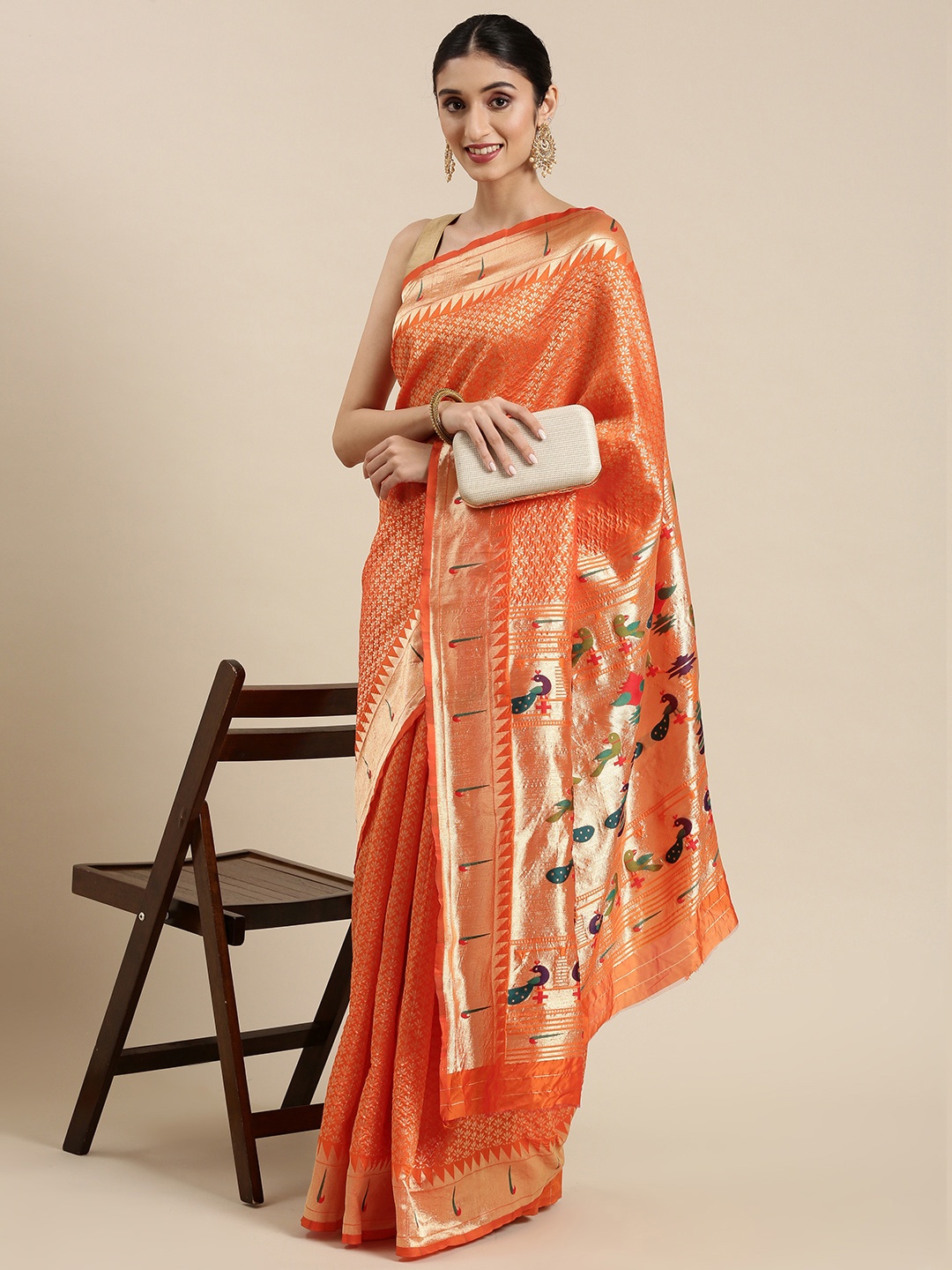 

PERFECTBLUE Orange & Golden Ethnic Motifs Woven Design Saree
