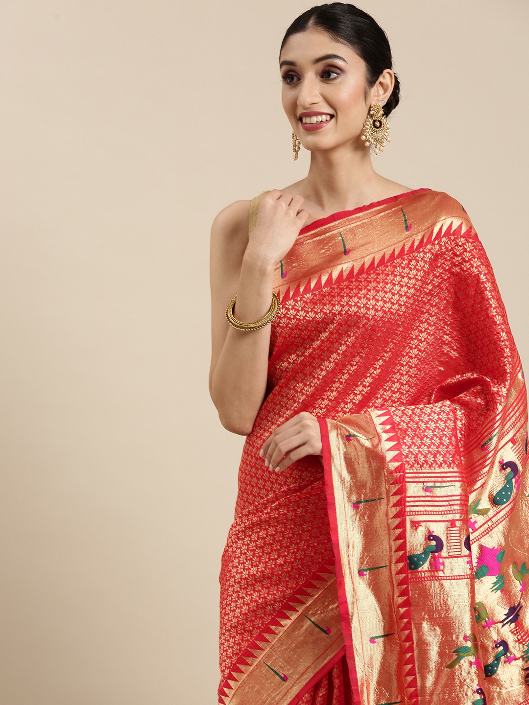 

PERFECTBLUE Red & Golden Ethnic Motifs Woven Design Saree