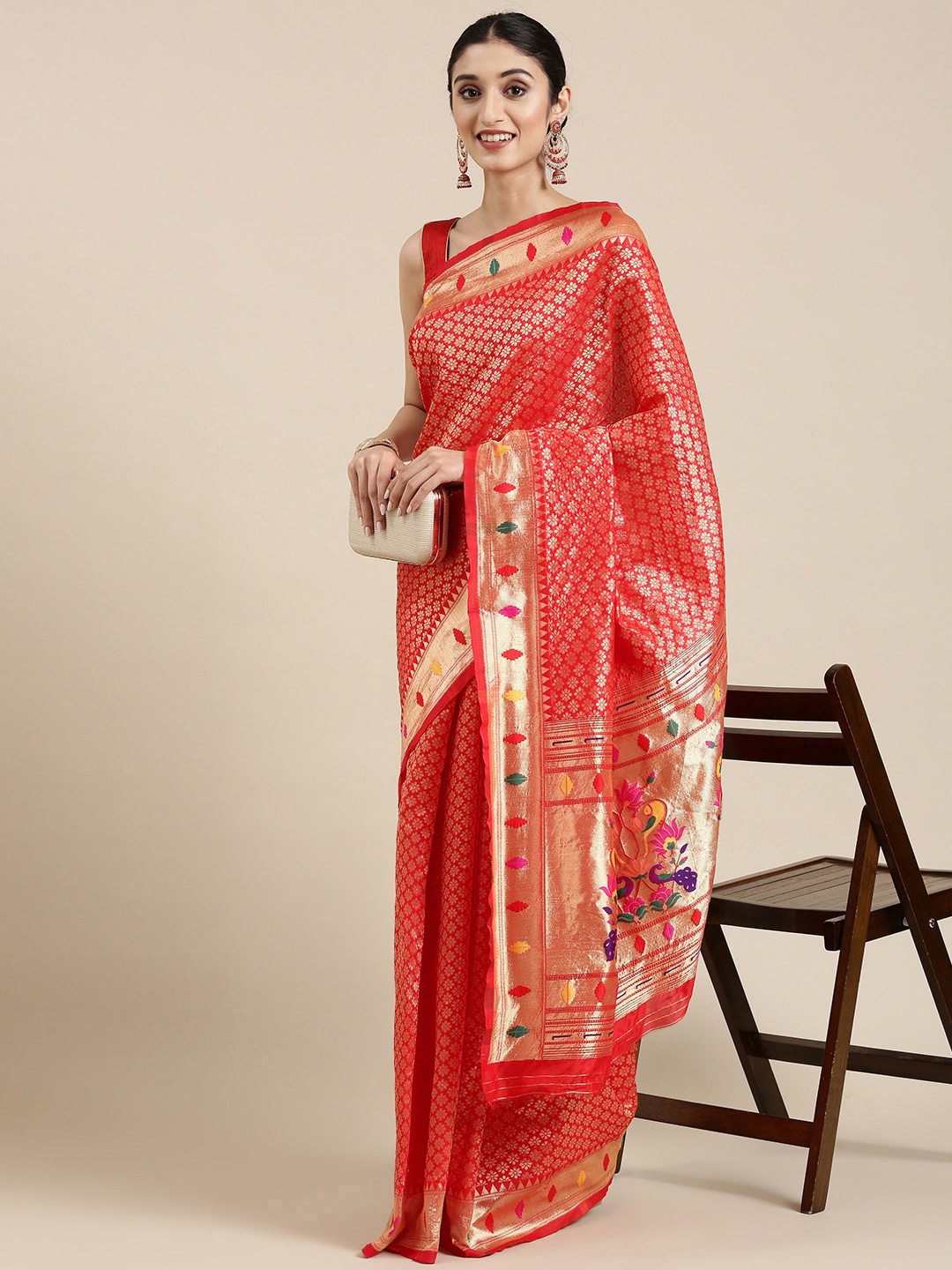 

PERFECTBLUE Red & Golden Ethnic Motifs Woven Design Saree